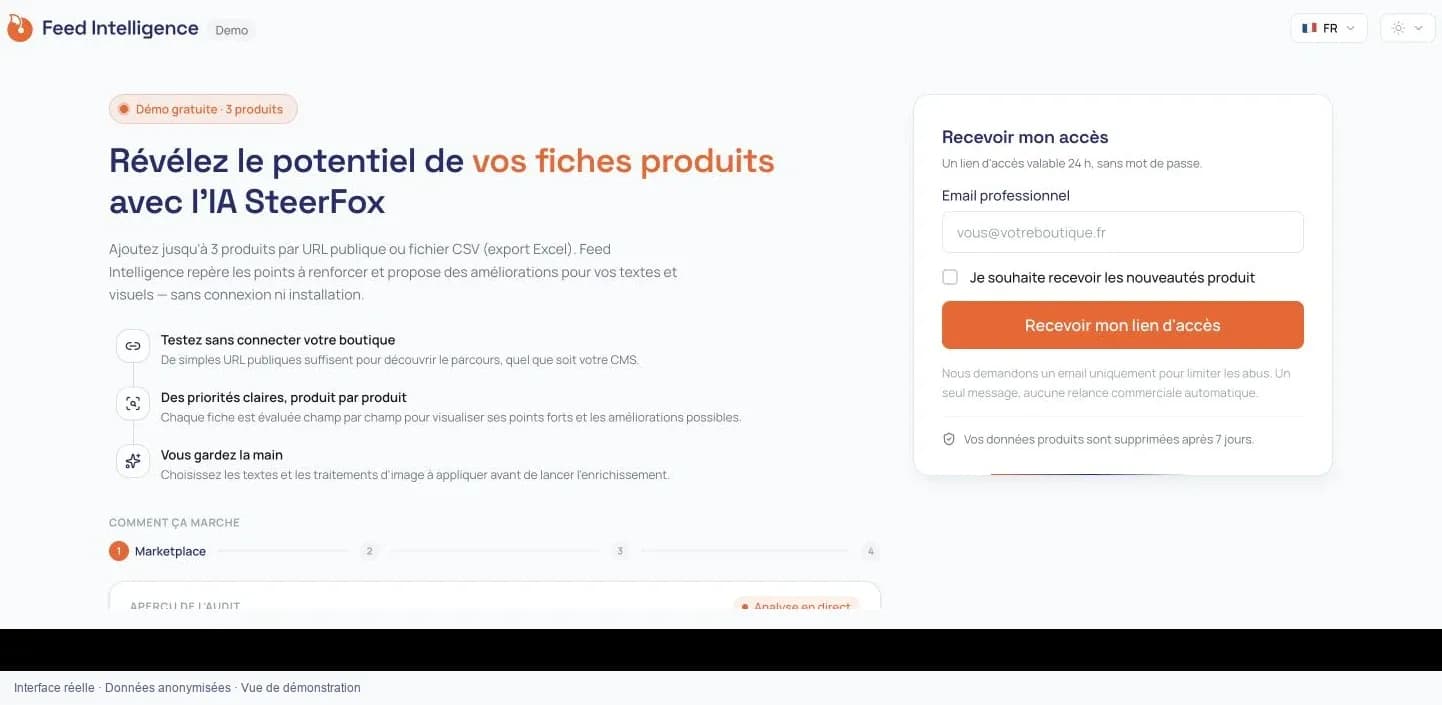 Accueil de la démo Feed Intelligence : présentation du test sur trois produits et demande de lien d’accès.