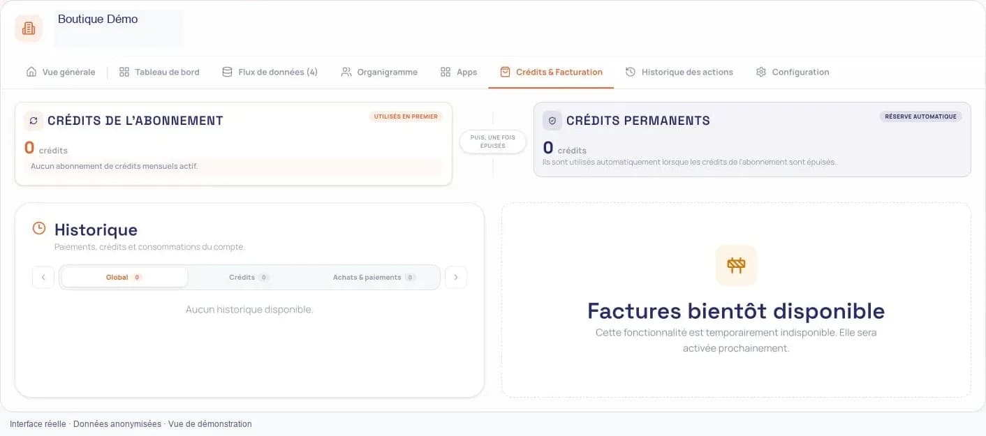 SCM: credits, history and an Invoices area marked as coming soon.