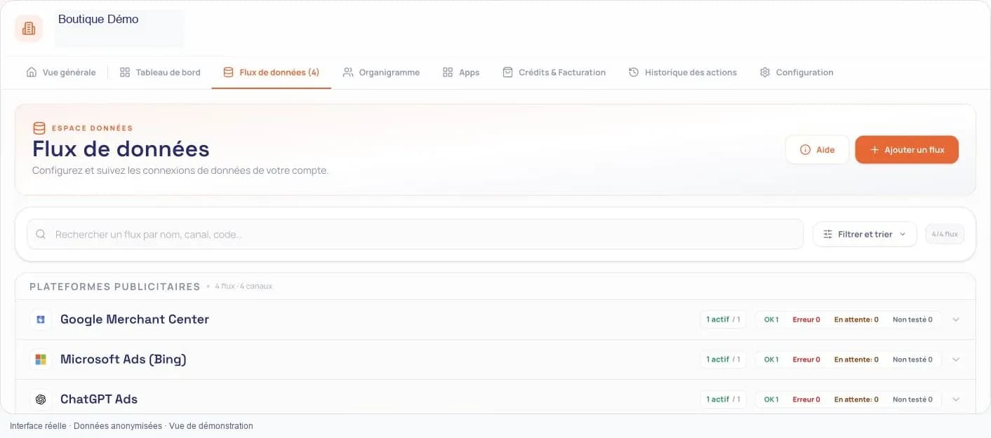 SCM : liste des connexions par plateforme et résultats des tests de flux.
