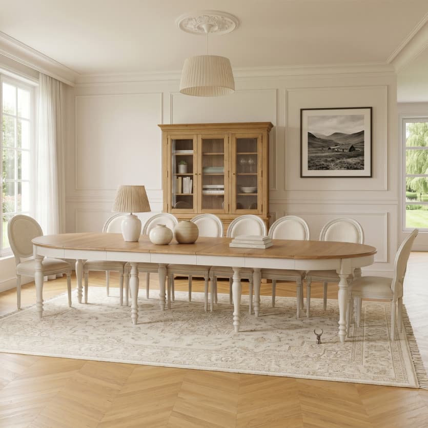 Salle à manger claire avec une grande table en bois