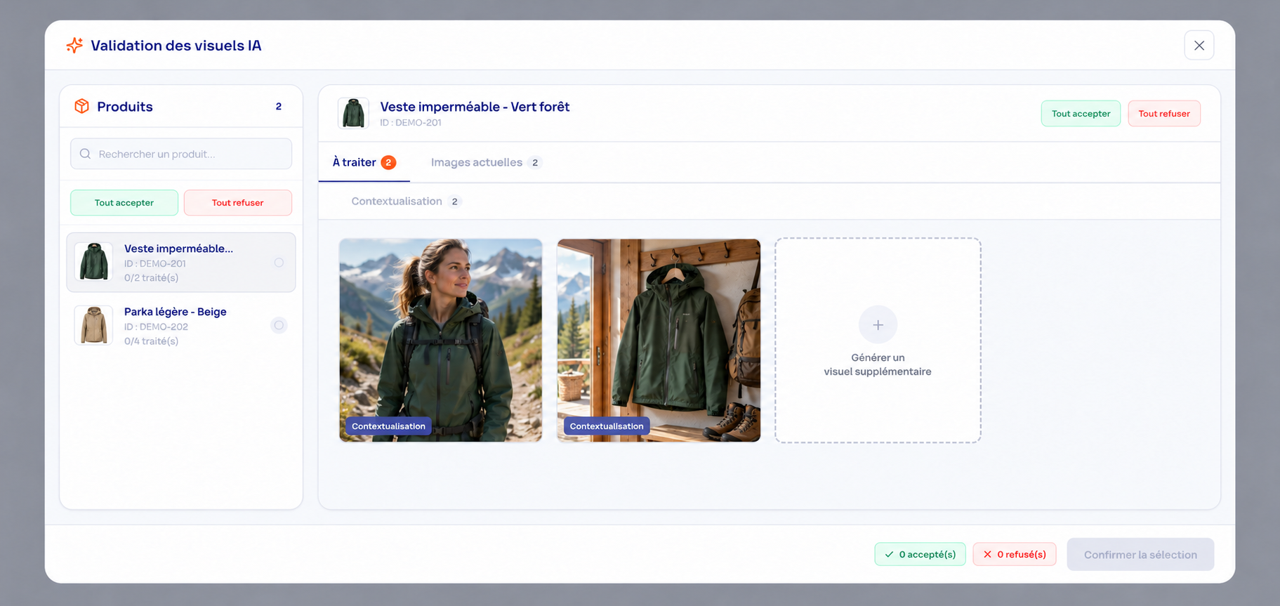 Feed Intelligence : validation de deux visuels IA d’une veste imperméable, en randonnée et dans un chalet. Données de démonstration.