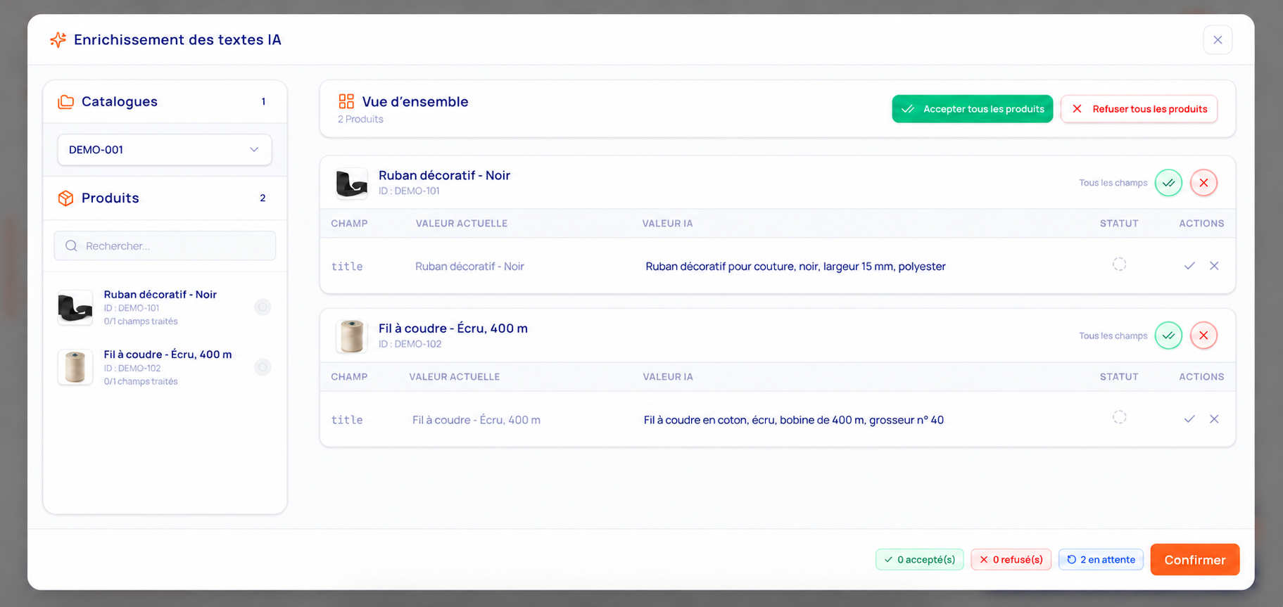 Feed Intelligence : contrôle qualité des titres proposés par l’IA, avec des produits et identifiants de démonstration.