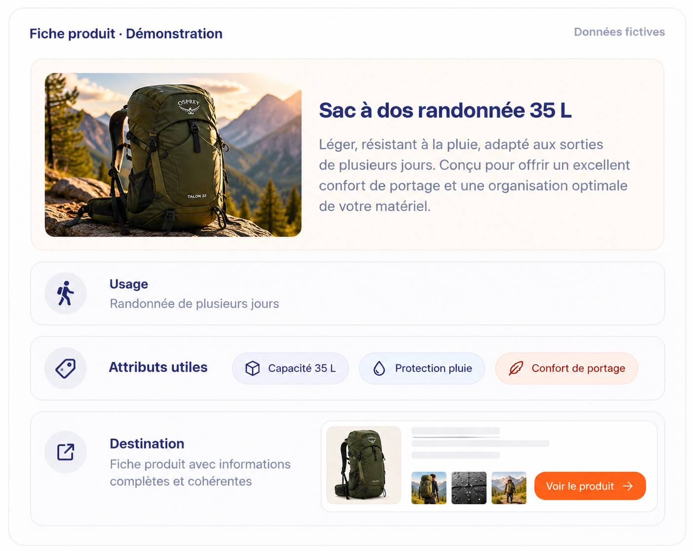 Fiche produit de démonstration : sac à dos de randonnée, usage, attributs et destination. Données fictives.