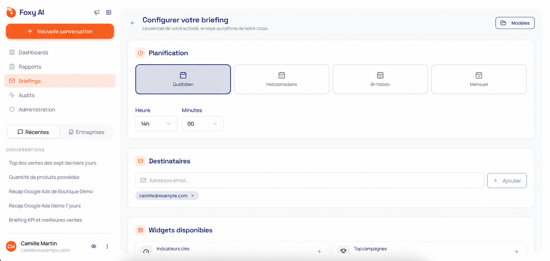 Foxy AI : planification d’un briefing quotidien et destinataire fictif.