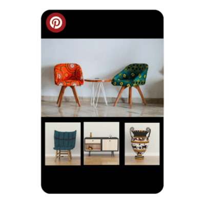 Publicité Pinterest Ads sous forme de carrousel, mettant en avant le catalogue produit d'un client dans le mobilier. L’image montre deux chaises décoratives accompagnées d’autres meubles.