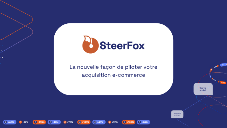 Ensemble d'éléments graphiques présents : des données, le logo steerfox ainsi qu'un fond beige