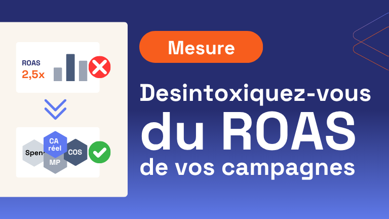 Image avec un fond bleu affichant le texte "Désintoxiquez-vous du ROAS de vos campagnes". Un bouton orange marqué "Mesure" est en haut. À gauche, une illustration compare le ROAS (avec une croix rouge) à une approche plus complète intégrant le CA réel et le COS (avec une coche verte).
