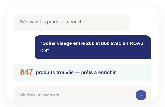 Interface de chat IA permettant de sélectionner des produits à enrichir en langage naturel avec résultat 847 produits trouvés